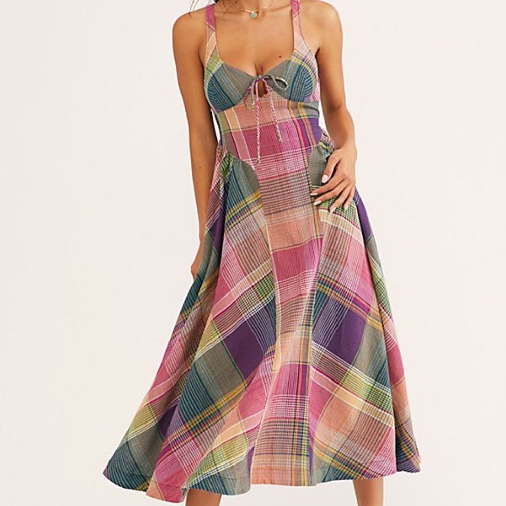ISO IN SEARCH OF Free People Colorful Plaid All Tied Up Tartan Dress